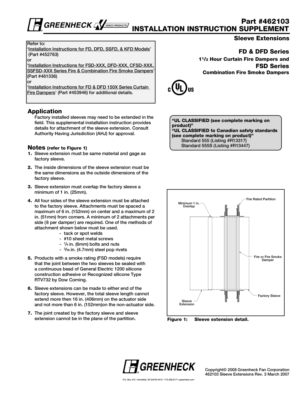 Greenheck Fan 462103 installation instructions INSTALLATION INSTRUCTION Supplement, Sleeve Extensions FD & DFD Series 